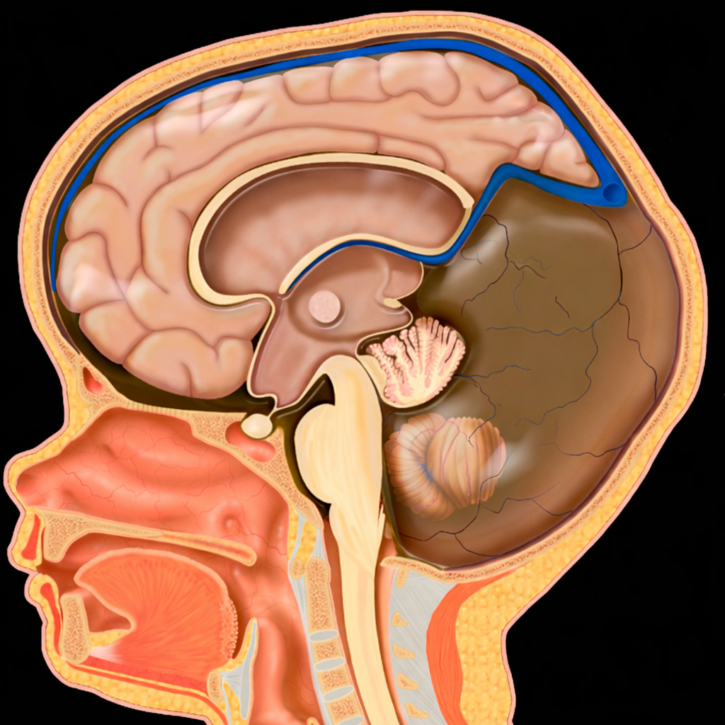 Sagittal brain diagram in hydrocephalus associated with congenital brain malformations